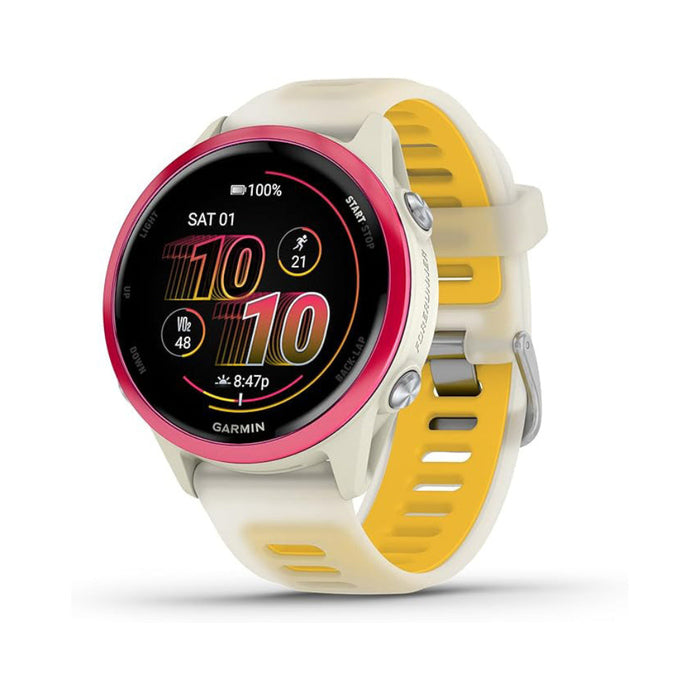 Garmin® Forerunner® 570 42 MM Unisex Raspberry Aluminum With Translucent Bone/Mango Band AMOLED Display Training And Recovery Features Advanced GPS Running And Triathlon Smartwatch - 010-02970-02