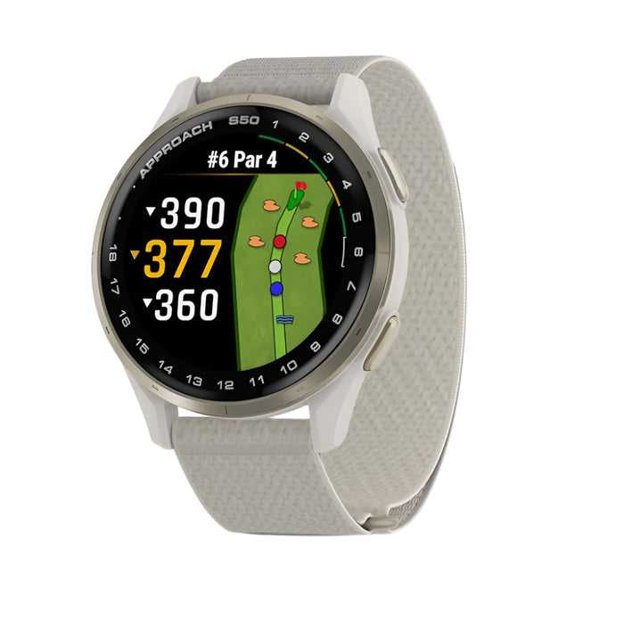 Garmin Approach® S50 Unisex Cream Gold Aluminum Bezel with Ivory ComfortFit Nylon Band Amoled Display On-Course Features Wrist-Based Heart Rate Advanced Golf GPS Smartwatch - 010-03010-01