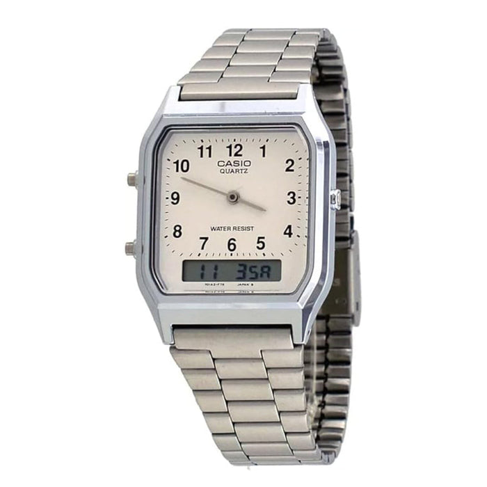 Casio Men's White Dial Silver Stainless Steel Band Analog-Digital Quartz Watch - AQ-230A-7BMQ