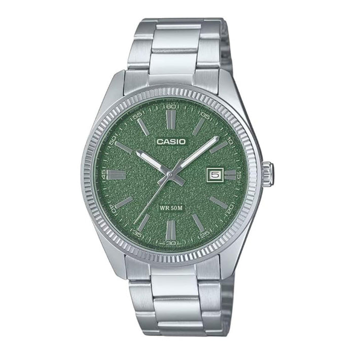 Casio Men's Matte Green Dial Silver Stainless Steel Band Analog Japanese Quartz Watch - MTP-1302DA-3AVDF