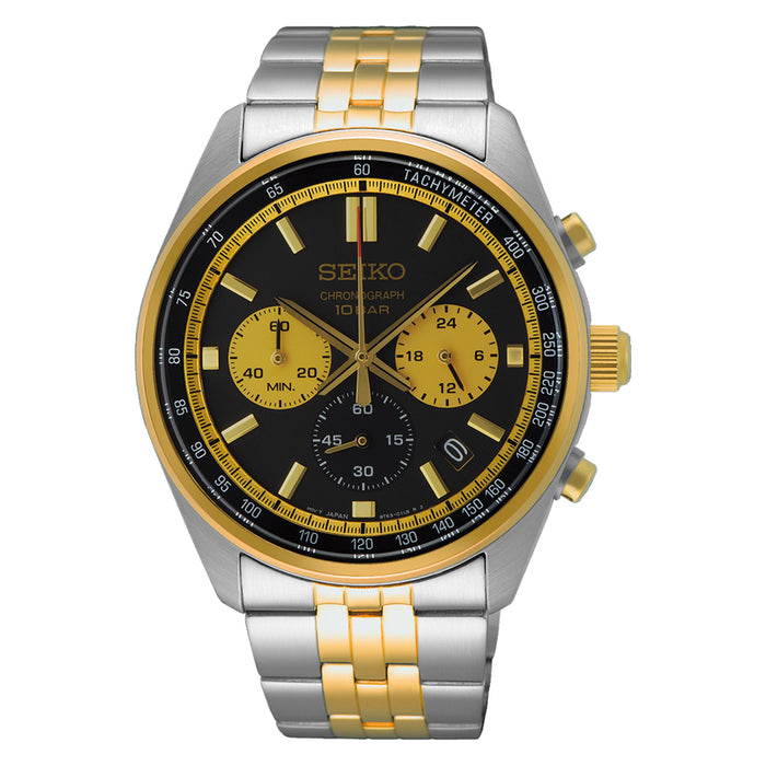 Seiko Men's Black Dial Two-Tone Stainless Steel Band Chronograph GMT Analog Quartz Watch - SSB430