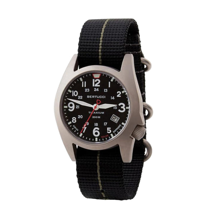 Bertucci Men's Black Dial Black With Olive Pro-Stripe™ Nylon Band Analog Solar 41 MM Titanium Field Watch - 12900