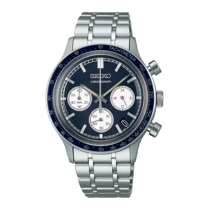 Seiko Men's Blue Dial Silver Stainless Steel Band Analog Quartz Watch - SSB477