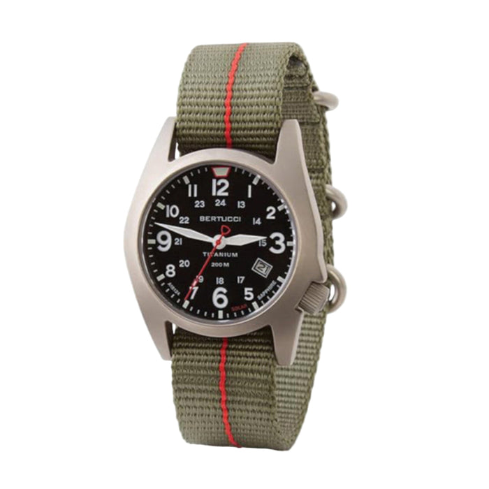 Bertucci Men's Black Dial Defender Drab™ with Red Pro-Stripe™ Nylon Band Analog Solar 41 MM Titanium Field Watch - 12902