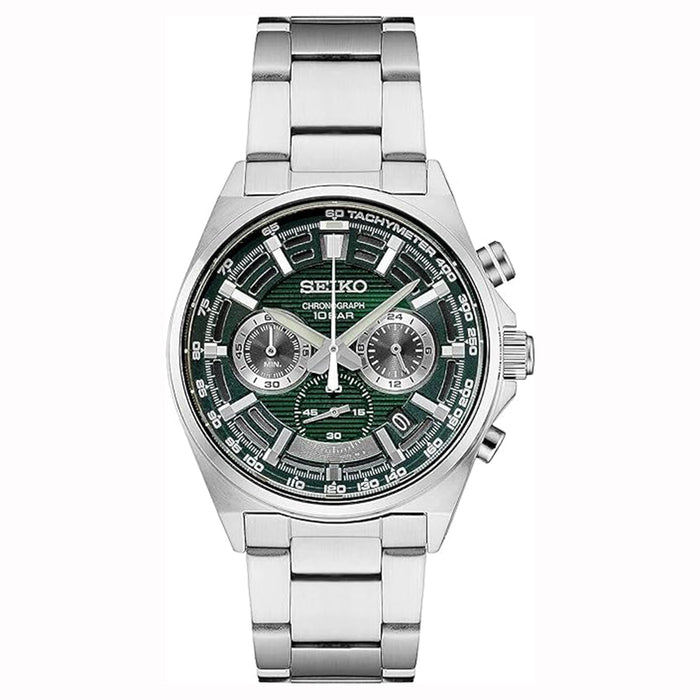 Seiko Men's Green Dial Silver-tone Stainless Steel Band Analog Chronograph Quartz Watch - SSB405