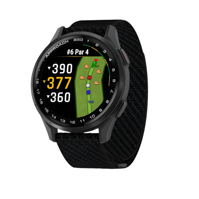 Garmin Approach® S50 Unisex Slate Aluminum Bezel with Black ComfortFit Nylon Band Amoled Display On-Course Features Wrist-Based Heart Rate Advanced Golf GPS Smartwatch - 010-03010-00