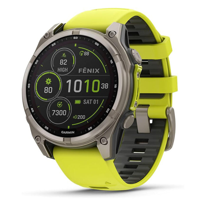 Garmin fēnix 8 Unisex Titanium with Amp Yellow/Graphite Band Solar Amoled Sapphire Long-Lasting Battery Life Dive-Rated Built-in LED Flashlight 47 Millimeters Premium Multisport GPS Smartwatch - 010-02906-20