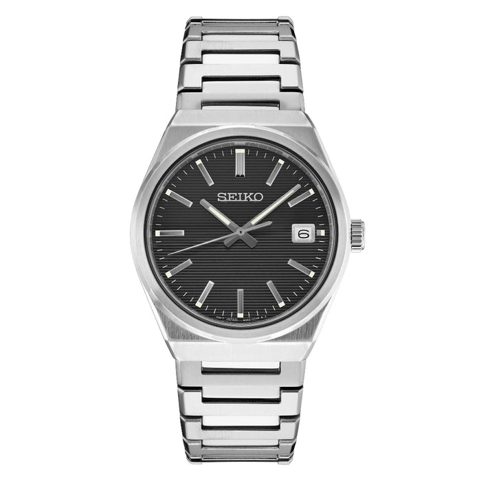Seiko Men's Black Dial Silver-tone Stainless Steel Band Quartz Watch - SUR557