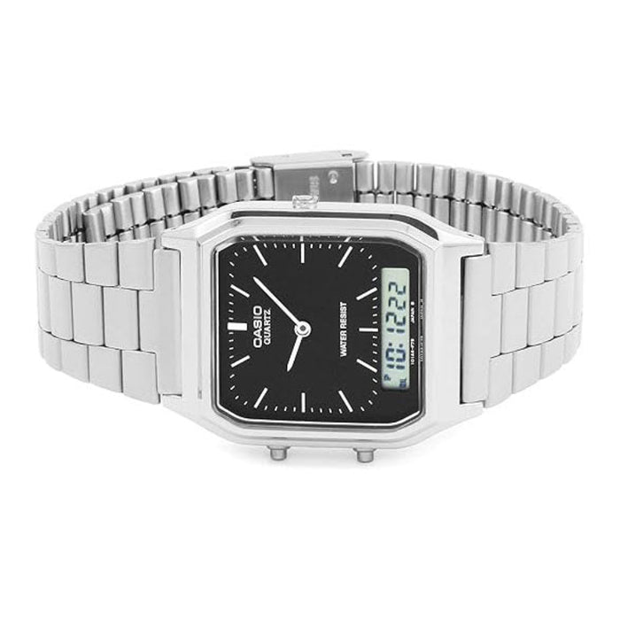 Casio Men's Black Dial Silver Stainless Steel Band Analog-Digital Quartz Watch - AQ-230A-1DMQ-M
