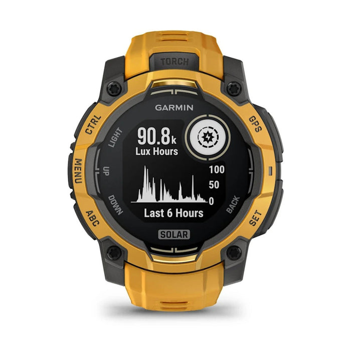 Garmin® Unisex Sunburst With Sunburst/Gray Band 50 MM Solar Built-in Flashlight Alpine Rush Collection Limited Edition Color Instinct® 3 Rugged Outdoor GPS Smartwatch - 010-02935-02