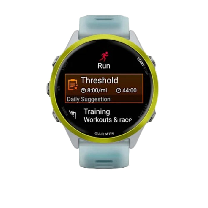 Garmin® Forerunner® 570 47 MM Unisex Amp Yellow Aluminum With Translucent Whitestone/Turquoise Band AMOLED Display Training And Recovery Features Advanced GPS Running And Triathlon Smartwatch - 010-02971-01