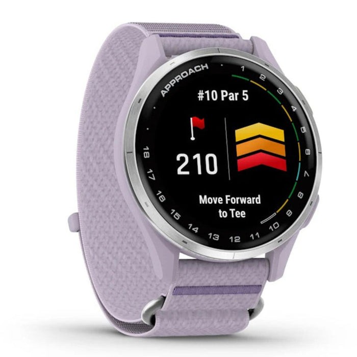 Garmin Approach® J1 Unisex Silver Aluminum Bezel With Lilac ComfortFit Fabric Band Bright And Colorful Display Tee-Off Guidance Essential Features For Learning And Improving Junior Golf Watch With GPS - 010-03898-10