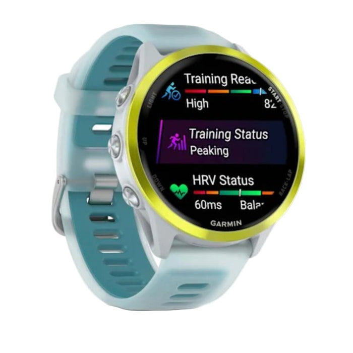 Garmin® Forerunner® 570 47 MM Unisex Amp Yellow Aluminum With Translucent Whitestone/Turquoise Band AMOLED Display Training And Recovery Features Advanced GPS Running And Triathlon Smartwatch - 010-02971-01