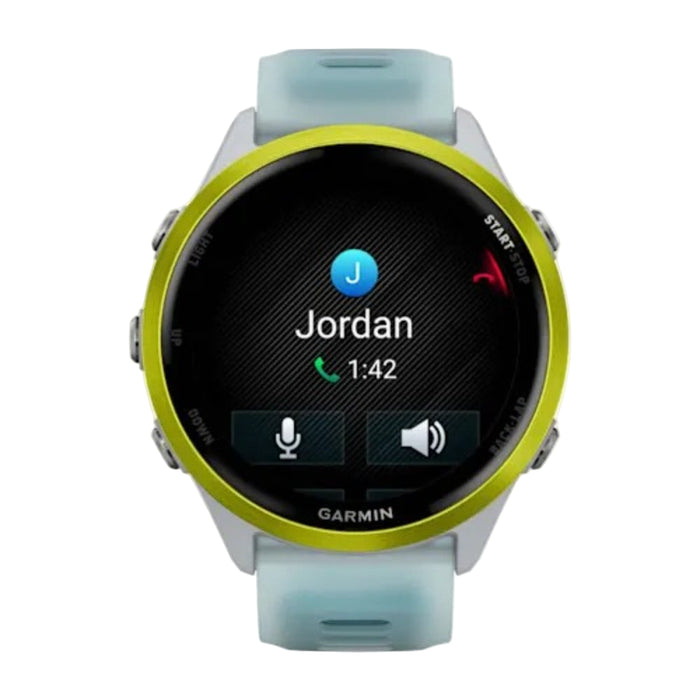 Garmin® Forerunner® 570 47 MM Unisex Amp Yellow Aluminum With Translucent Whitestone/Turquoise Band AMOLED Display Training And Recovery Features Advanced GPS Running And Triathlon Smartwatch - 010-02971-01