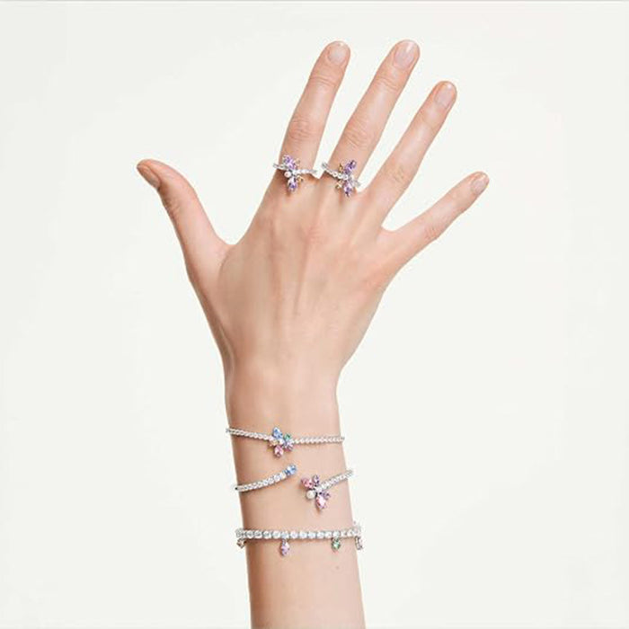 Swarovski Women's Pink Mixed Cut Multicolored Stones, Rhodium Finish Medium x Ariana Grande Dragonfly Motif Bangle Bracelet - 5737401