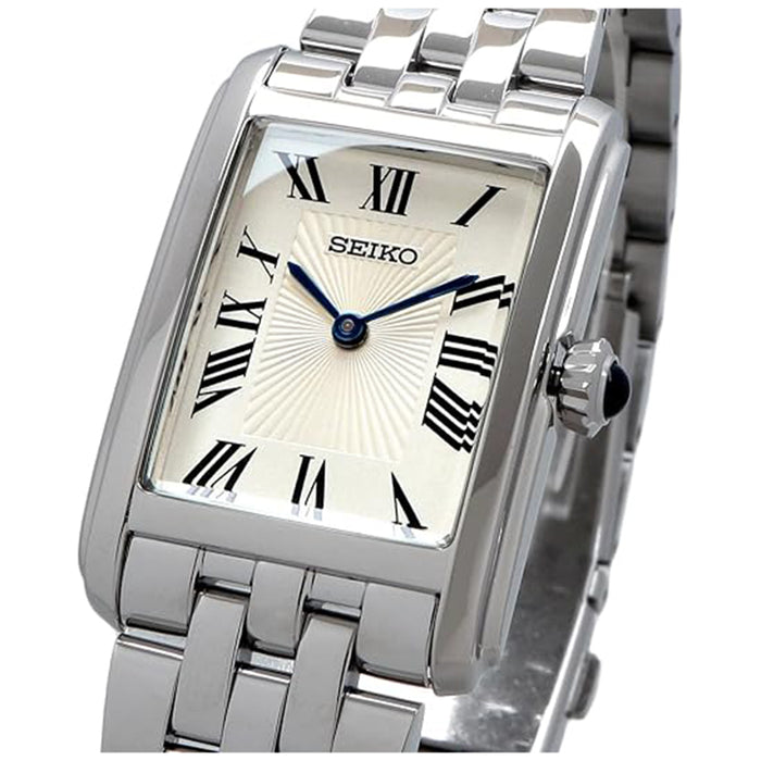 Seiko Women's Silver Rectangular Dial Silver Stainless Stainless Steel Essentials Analog Quartz Watch - SWR083