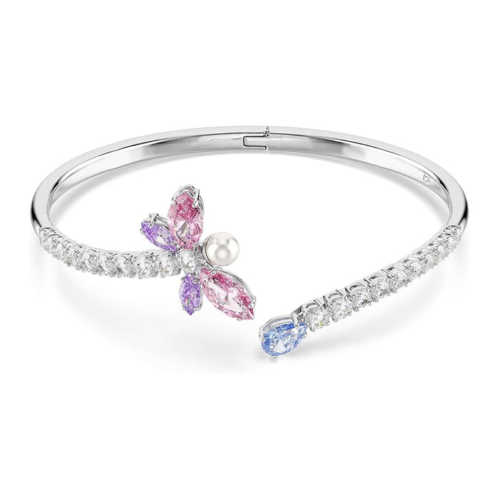 Swarovski Women's Pink Mixed Cut Multicolored Stones, Rhodium Finish Small x Ariana Grande Dragonfly Motif Bangle Bracelet - 5737402