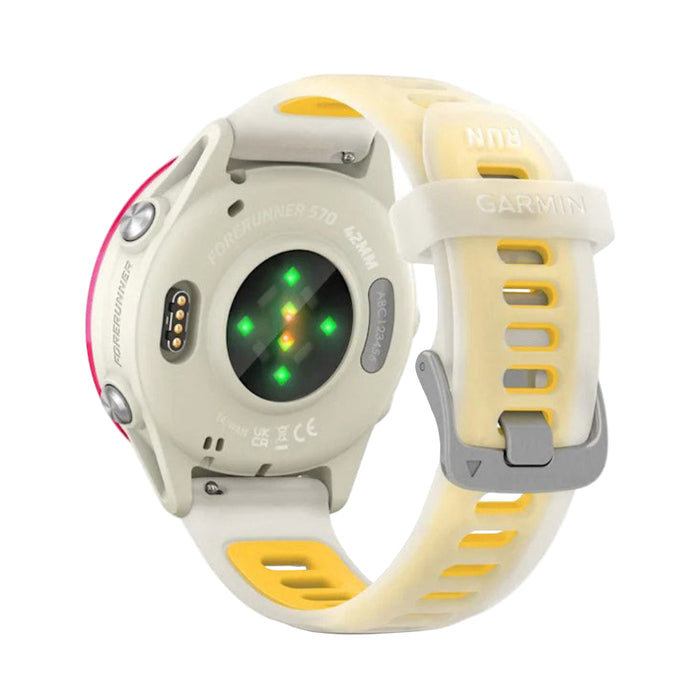 Garmin® Forerunner® 570 42 MM Unisex Raspberry Aluminum With Translucent Bone/Mango Band AMOLED Display Training And Recovery Features Advanced GPS Running And Triathlon Smartwatch - 010-02970-02