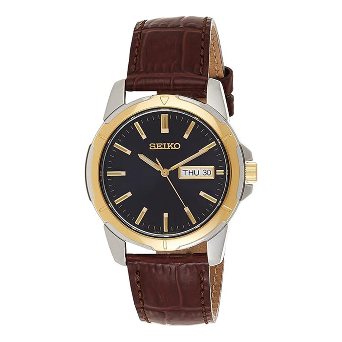 Seiko Men's Black Dial Brown Leather Strap Gold-Finish Case Automatic Watch - SUR360