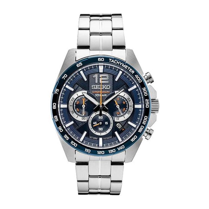 Seiko Men's Blue Dial Silver Stainless Steel Band Essentials Quartz Chronograph Watch - SSB345