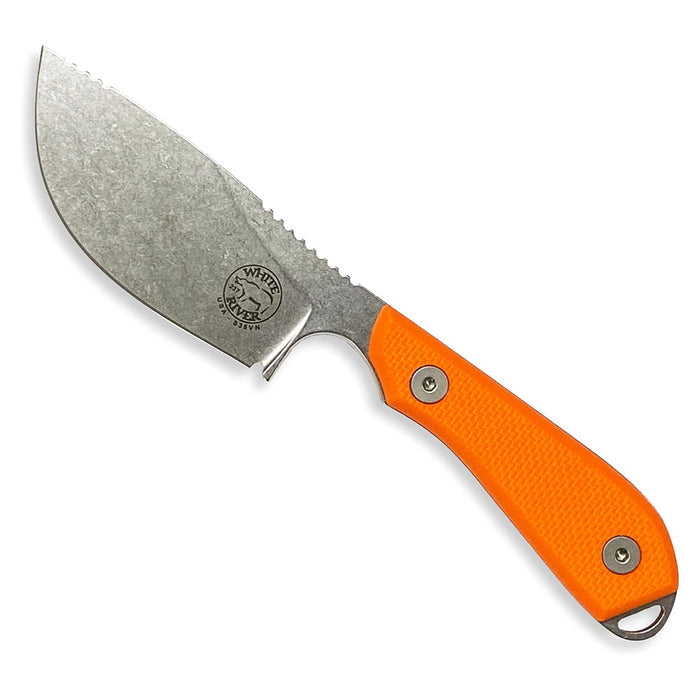 White River	Orange Fiberglass G-10 Handle 3" Silver Knives Drop Point CPM S35VN Stonewashed Blade Knife - WRM1-SKN-TOR