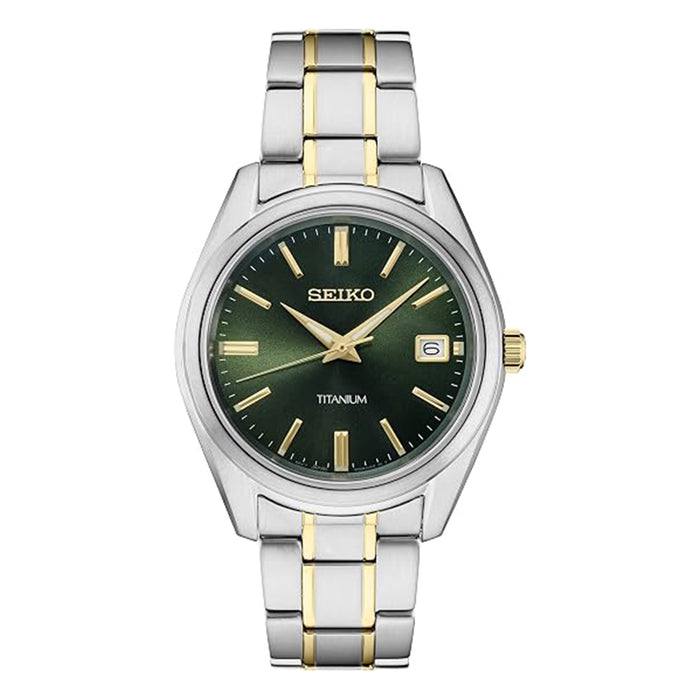 Seiko Men's Green Dial with Sunray Finish Two-ToneTitanium Case & Bracelet Essentials Quartz Watch - SUR377