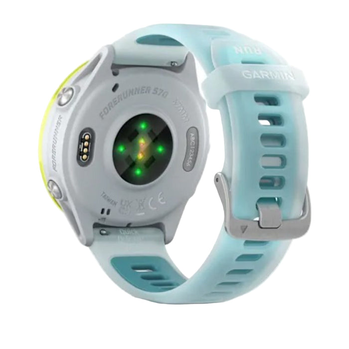 Garmin® Forerunner® 570 47 MM Unisex Amp Yellow Aluminum With Translucent Whitestone/Turquoise Band AMOLED Display Training And Recovery Features Advanced GPS Running And Triathlon Smartwatch - 010-02971-01