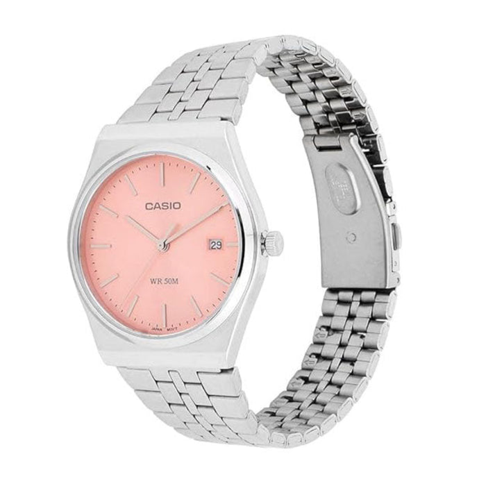 Casio Men's Pink dial Silver Band Analog Quartz Watch - MTP-B145D-4AVDF