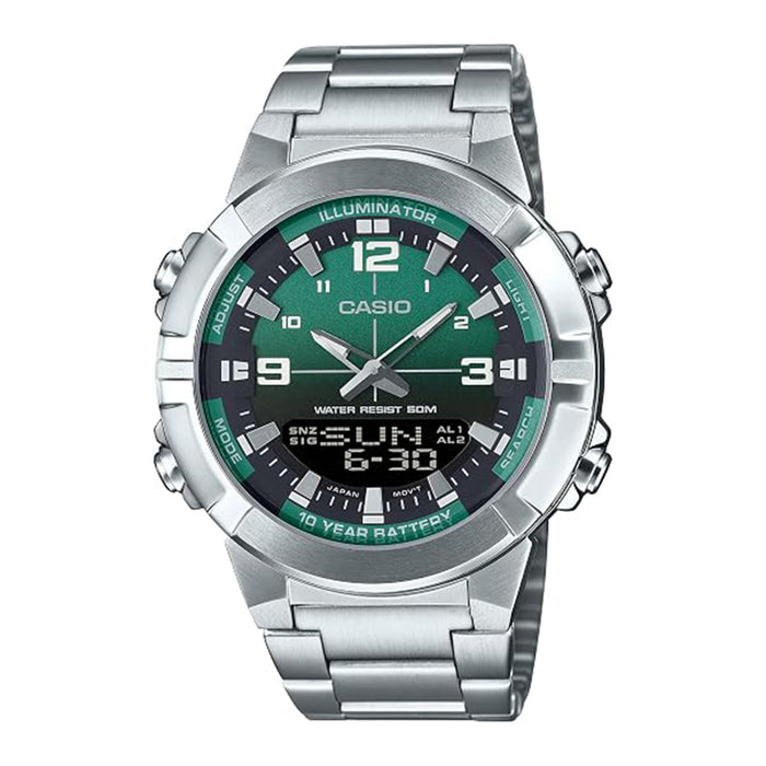 Casio Men's Green Dial Silver Stainless Steel Band Analog Digital Japanese Quartz Watch - AMW-870DA-3AVDF