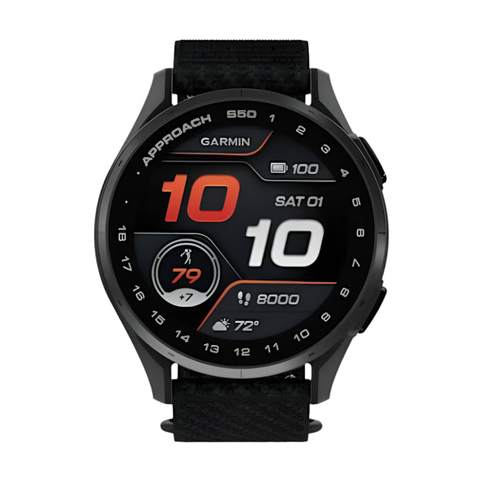 Garmin Approach® S50 Unisex Slate Aluminum Bezel with Black ComfortFit Nylon Band Amoled Display On-Course Features Wrist-Based Heart Rate Advanced Golf GPS Smartwatch - 010-03010-00