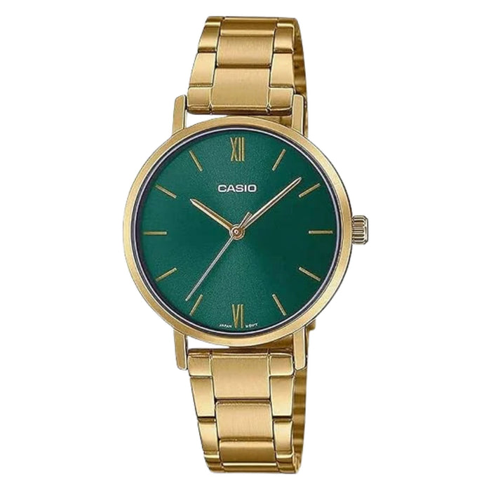 Casio Women's Green Minimalist Dial Gold Stainless Steel Band Analog Japanese Quartz Watch - LTP-VT02G-3AUDF