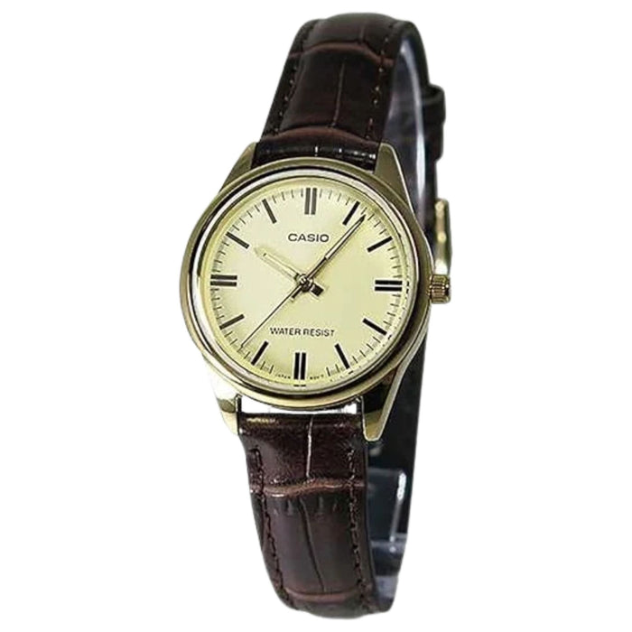 Casio Women's Gold Traditional Dial Brown Leather Band Analog Quartz Watch - LTP-V005GL-9AUDF