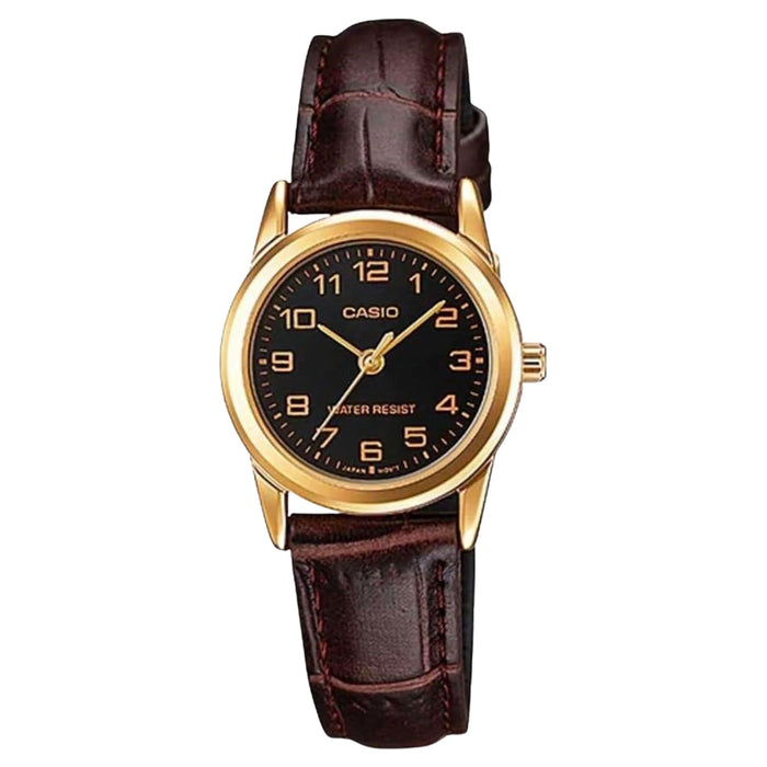 Casio Women's Black Simple Dial Brown Leather Band Analog Quartz Watch - LTP-V001GL-1BUDF