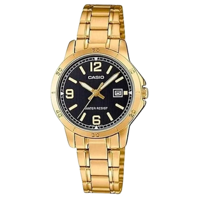 Casio Women's Black Casual Dial Gold Stainless Steel Band Analog Japanese Quartz Watch - LTP-V004G-1BUDF