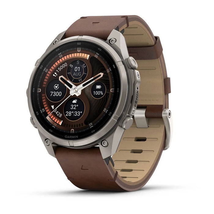 Garmin fēnix® 9 Pro 51mm Unisex Titanium with Walnut Leather Band AMOLED Display inReach® Technology Premium Connected Multisport GPS Smartwatch - 010-04337-40
