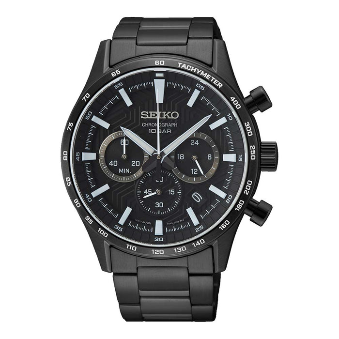 Seiko Men's Black Dial Stainless Steel Band Chronograph Quartz Watch - SSB415